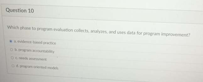 Question 1 0 Which phase to program evaluation