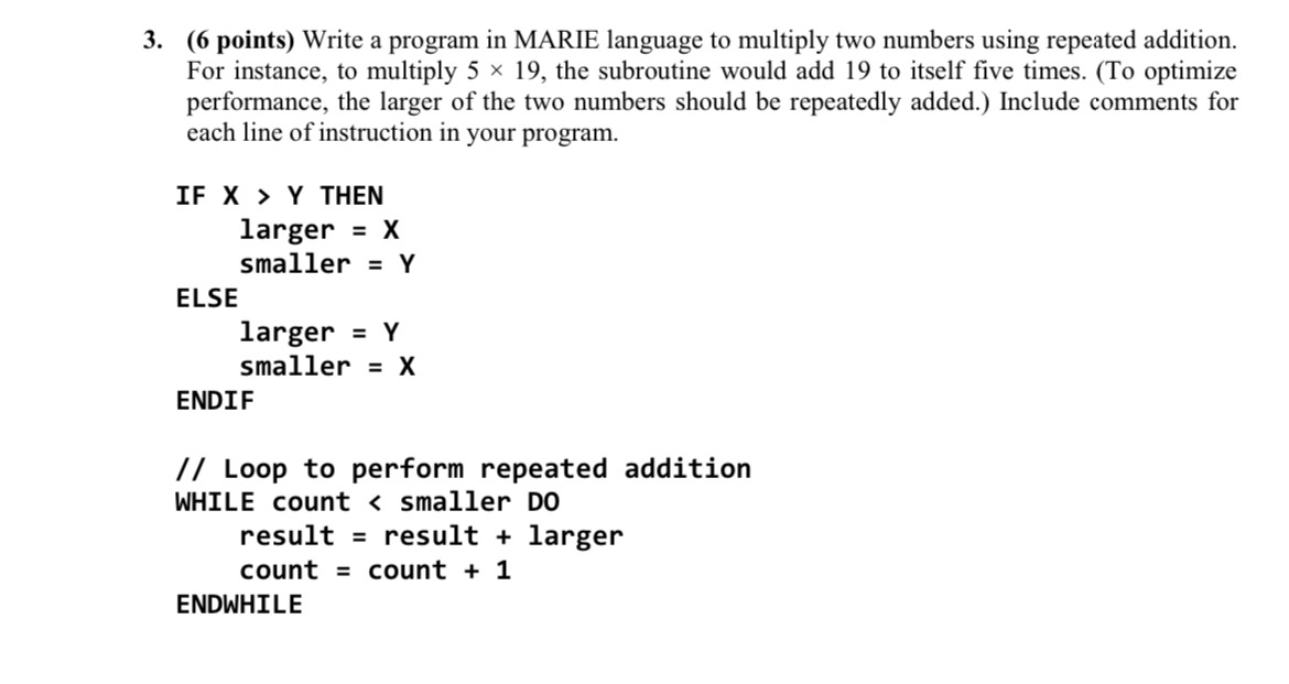 ( 6 points ) Write a program in MARIE language to