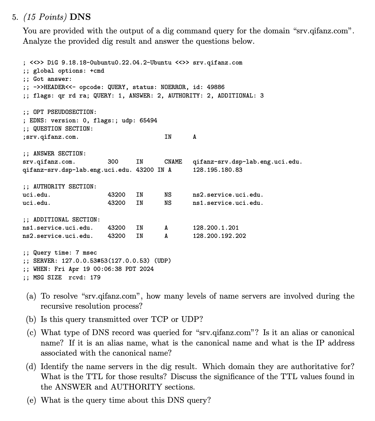 ( 1 5 Points ) DNS You are provided with the