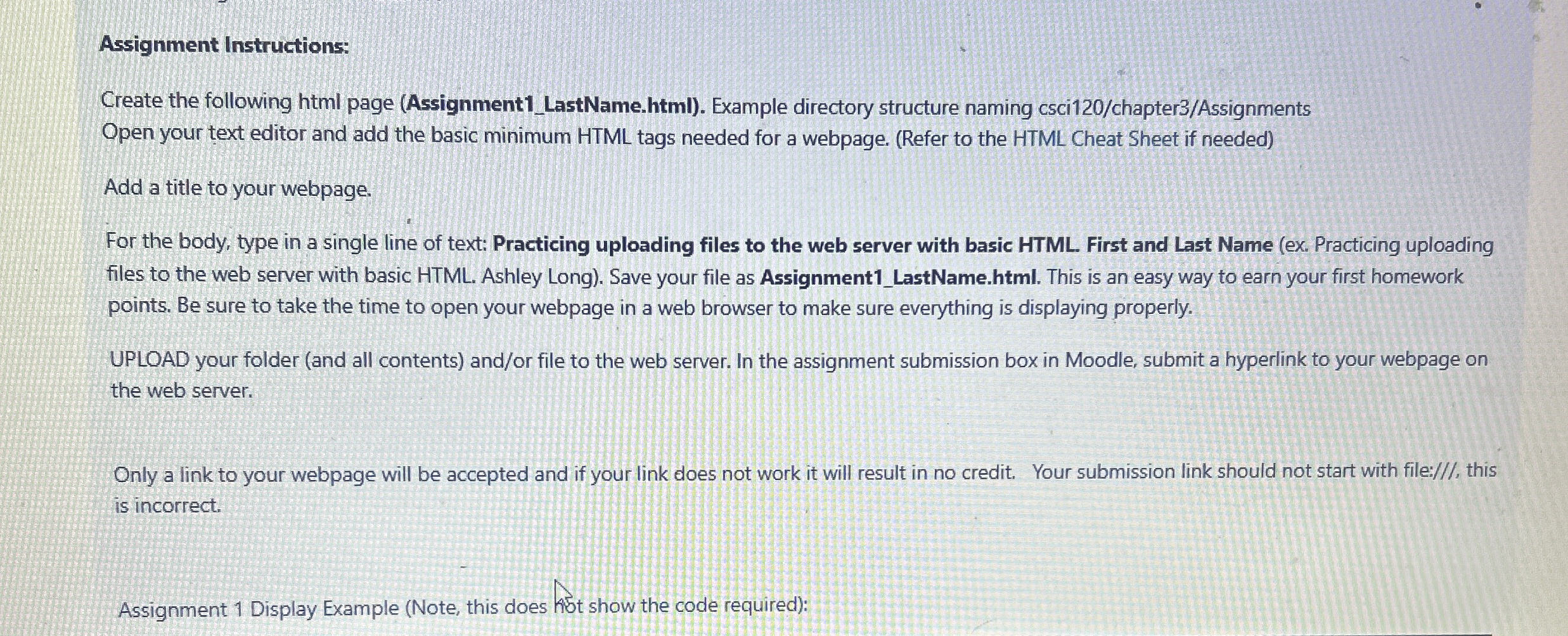 Assignment Instructions: Create the following