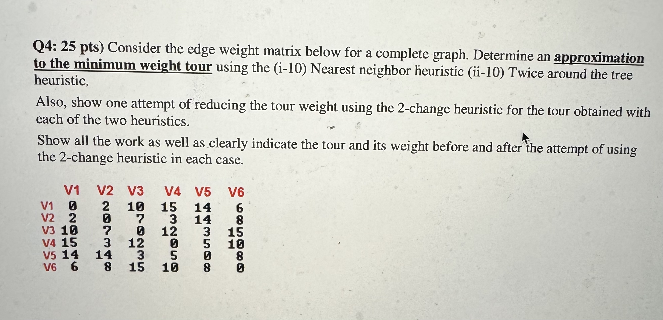 Q 4 : 2 5 pts ) Consider the edge weight matrix