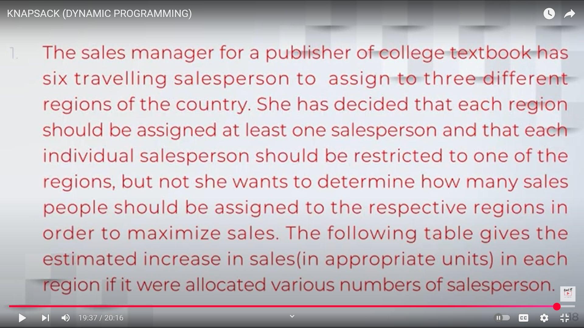 KNAPSACK (DYNAMIC PROGRAMMING) 1. The sales manager for a publisher of college