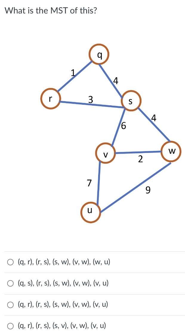 What is the MST of this? ( q , r ) , ( r , s ) ,