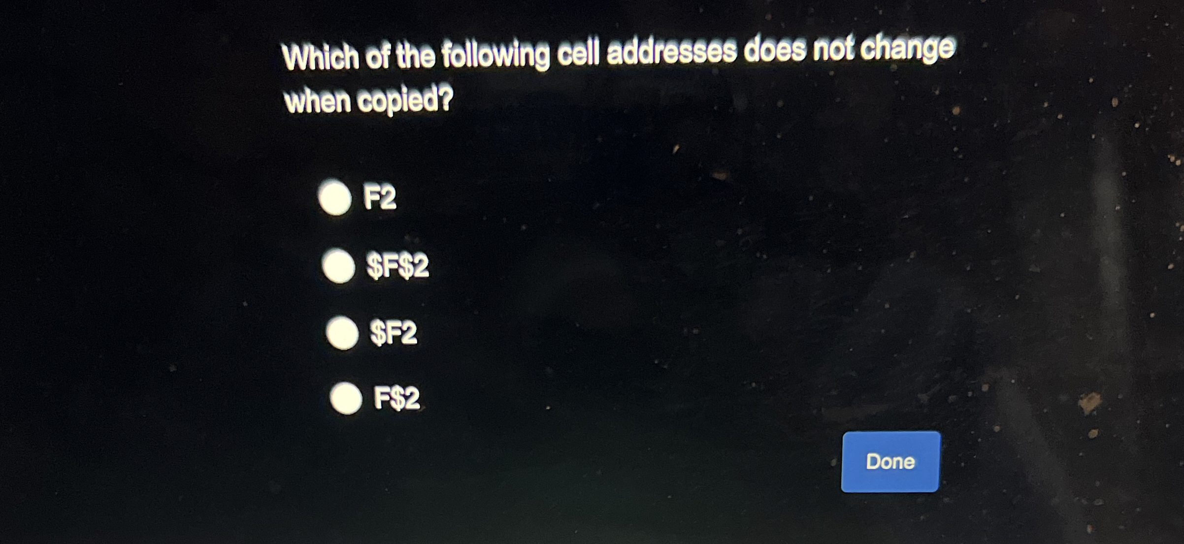 Which of the following cell addresses does not