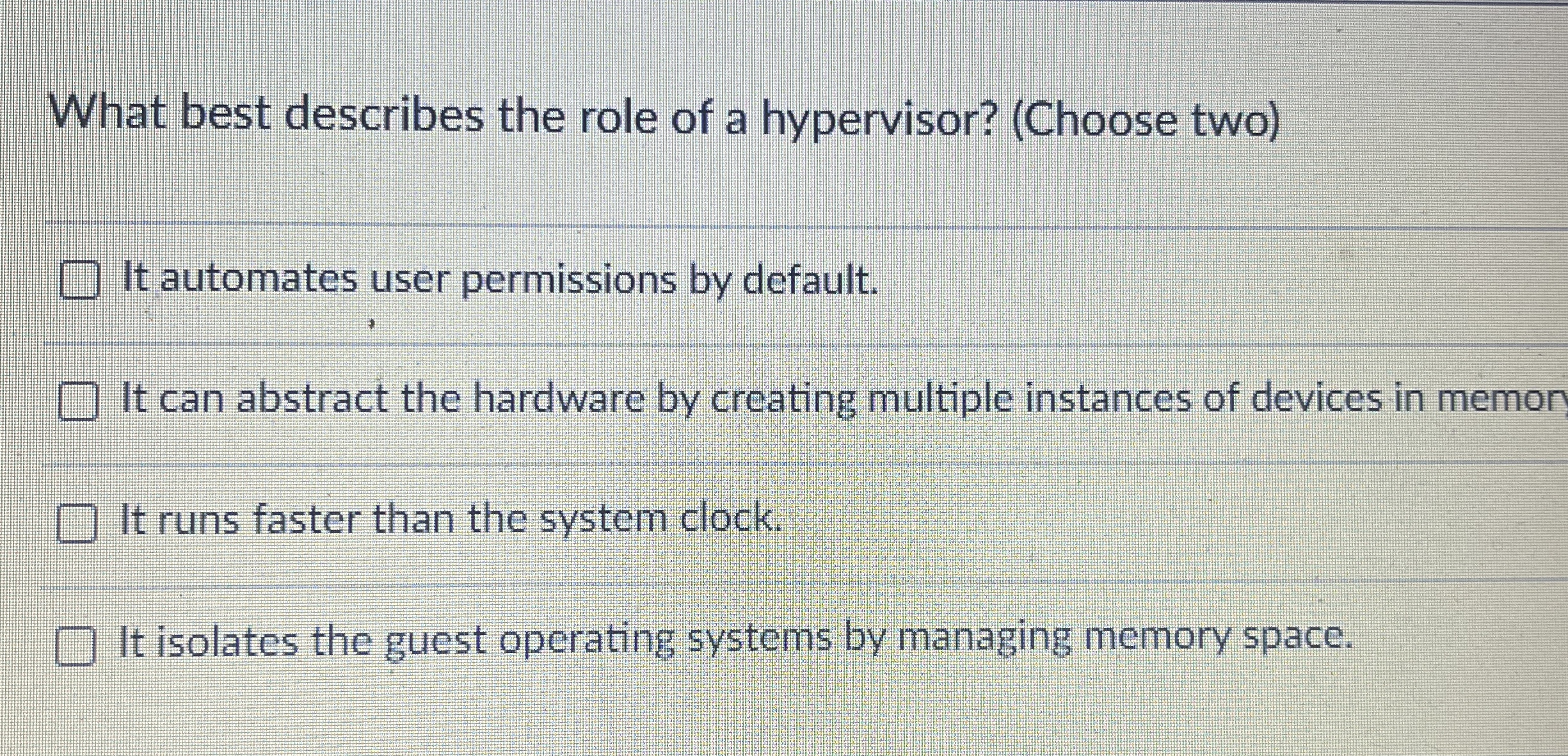 What best describes the role of a hypervisor? (
