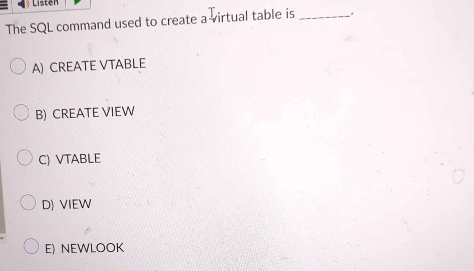 Listen The SQL command used to create a I d i r t