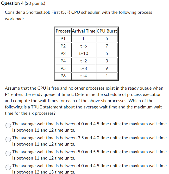 Question 4 ( 2 0 points ) Consider a Shortest Job