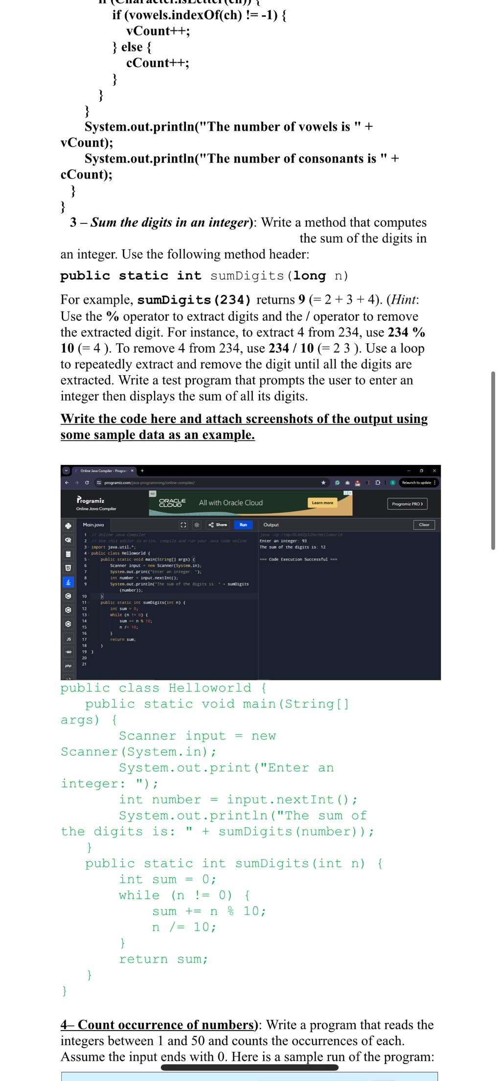 3 - Sum the digits in an integer ) : Write a