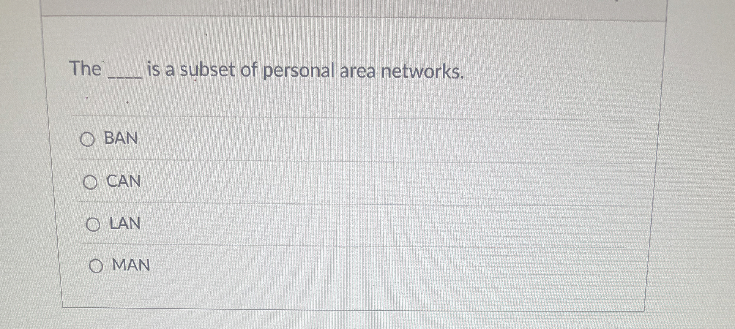 The is a subset of personal area networks. BAN
