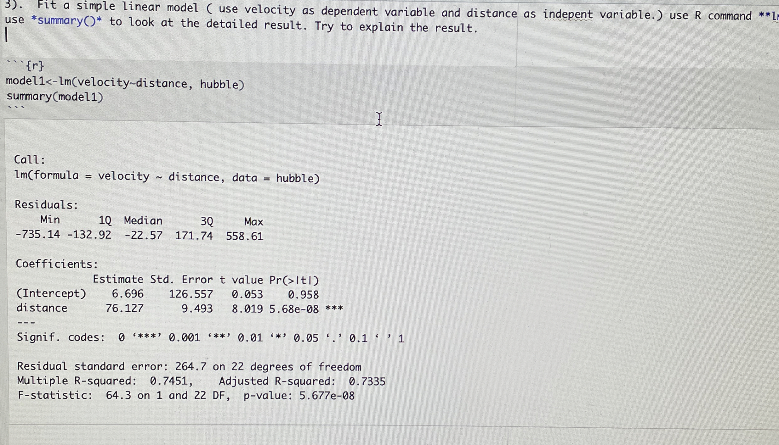. Fit a simple linear model ( use velocity as