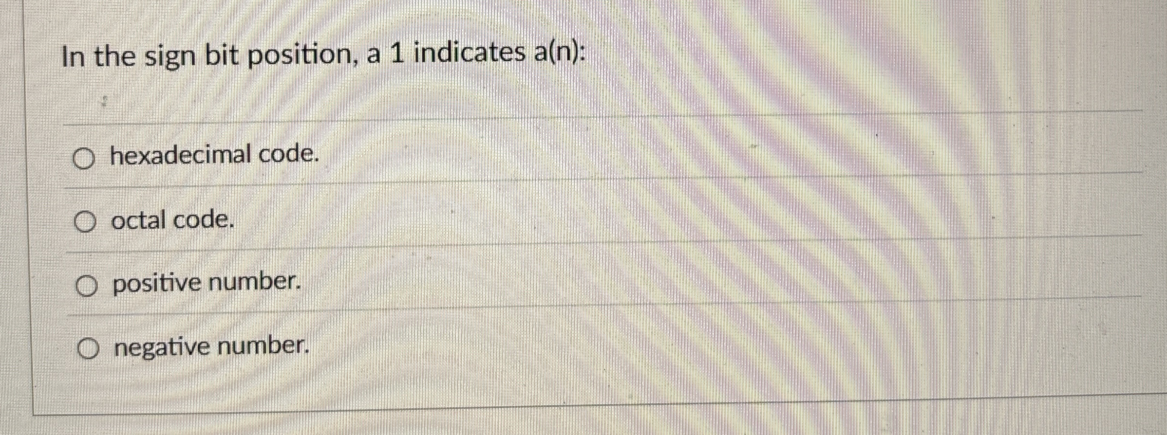 In the sign bit position, a 1 indicates a ( n ) :