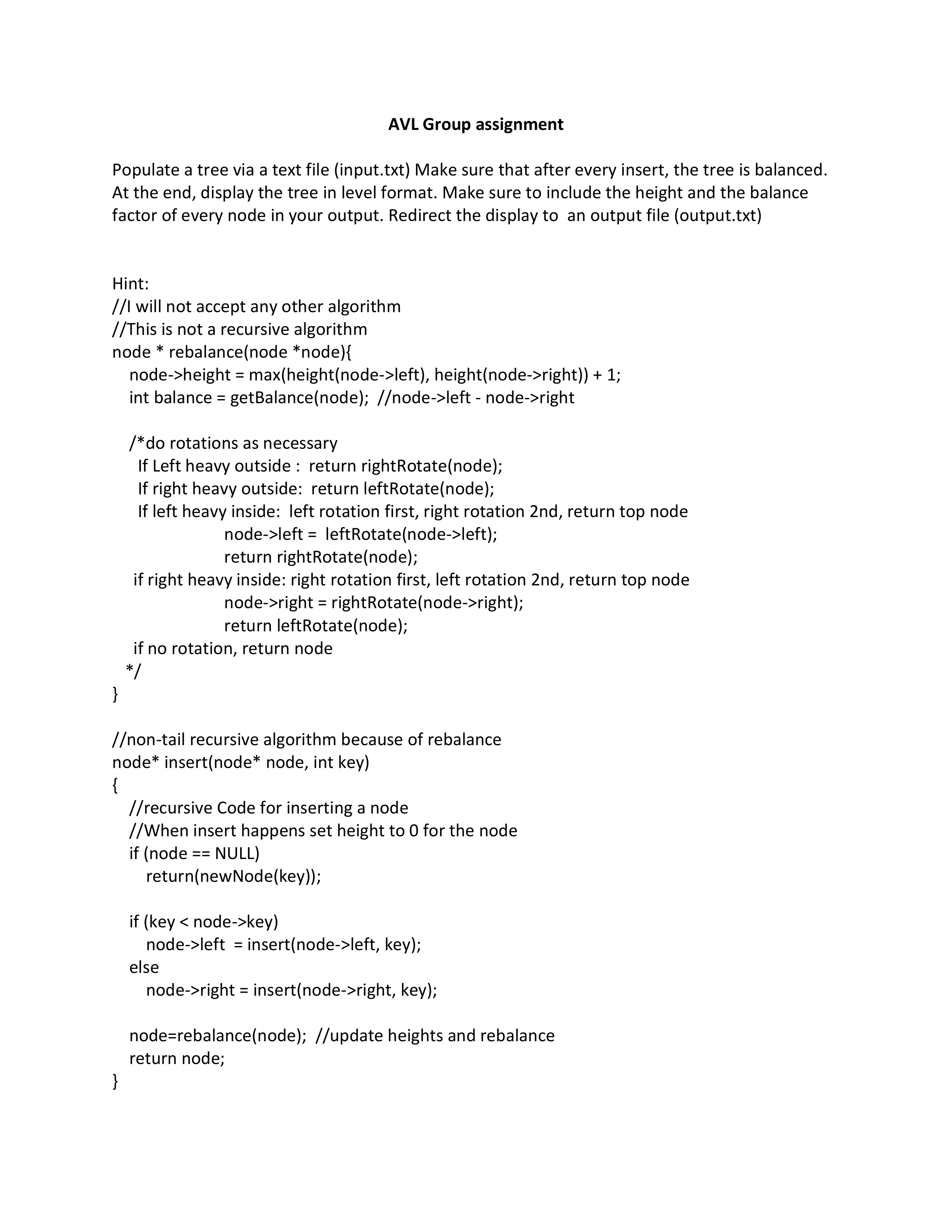AVL Group assignment Populate a tree via a text