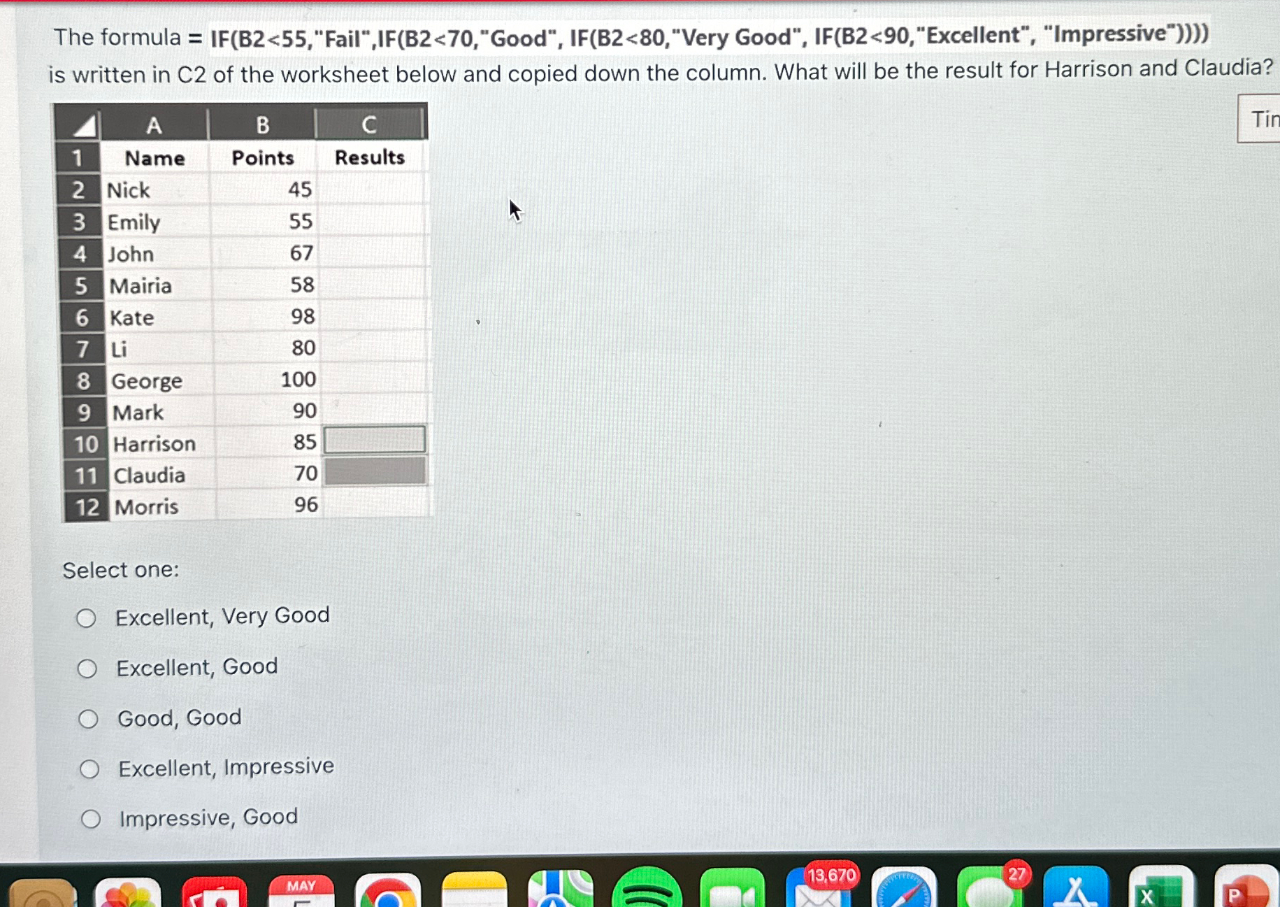 The formula = IF ( B 2 < 5 5 , "Fail",IF ( B 2 <