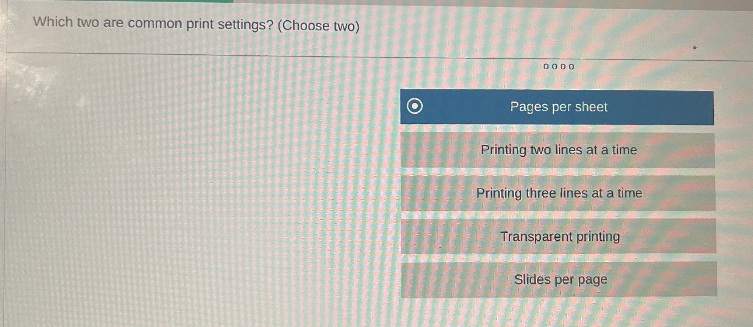 Which two are common print settings? ( Choose two