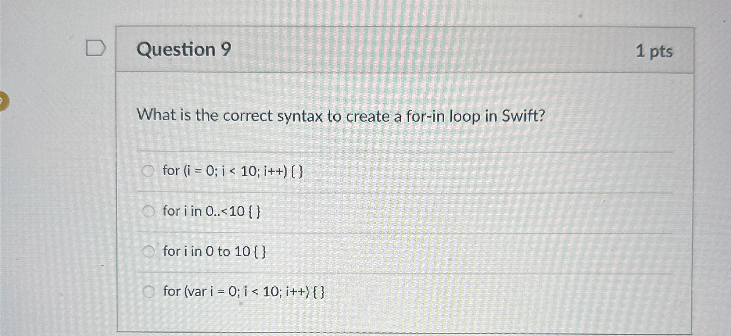 Question 9 1 p t s What is the correct syntax to