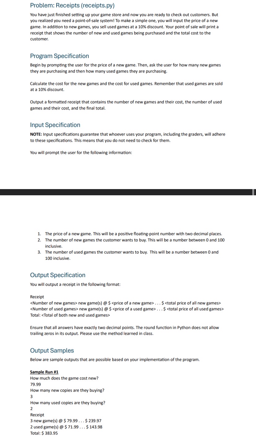 Problem: Receipts ( receipts.py ) You have just