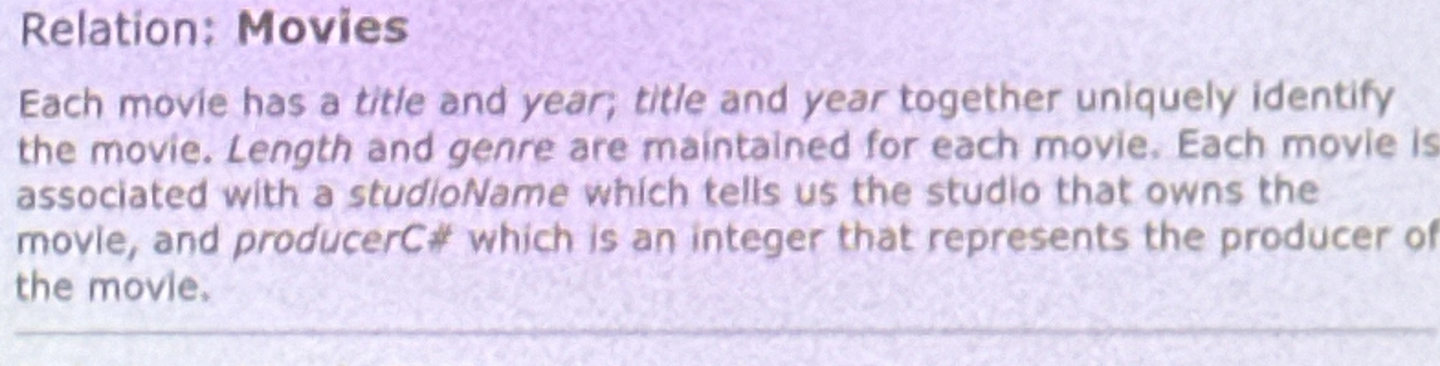 Relation: Movies Each movie has a titte and year,