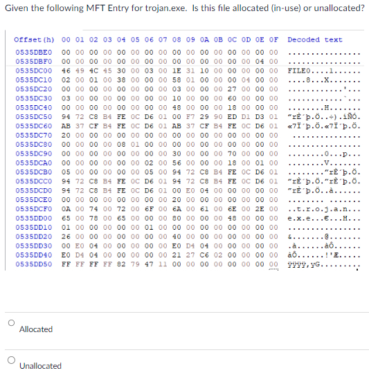 Given the following MFT Entry for trojan.exe. Is