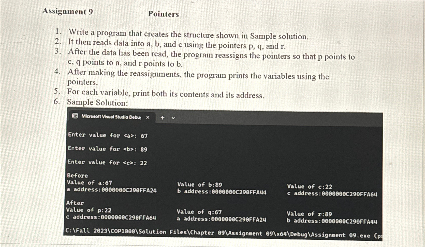 Assignment 9 Pointers Write a program that