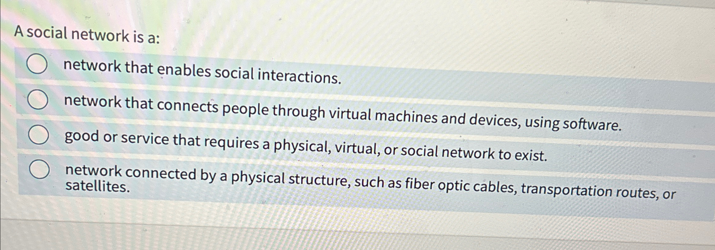 A social network is a: network that enables