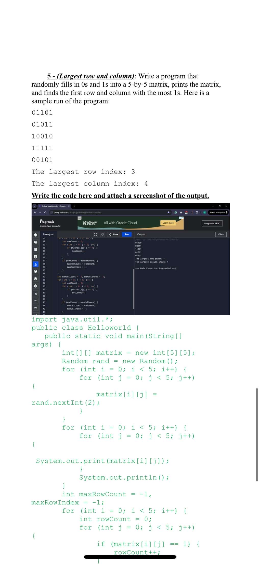 5 - ( Largest row and column ) : Write a program