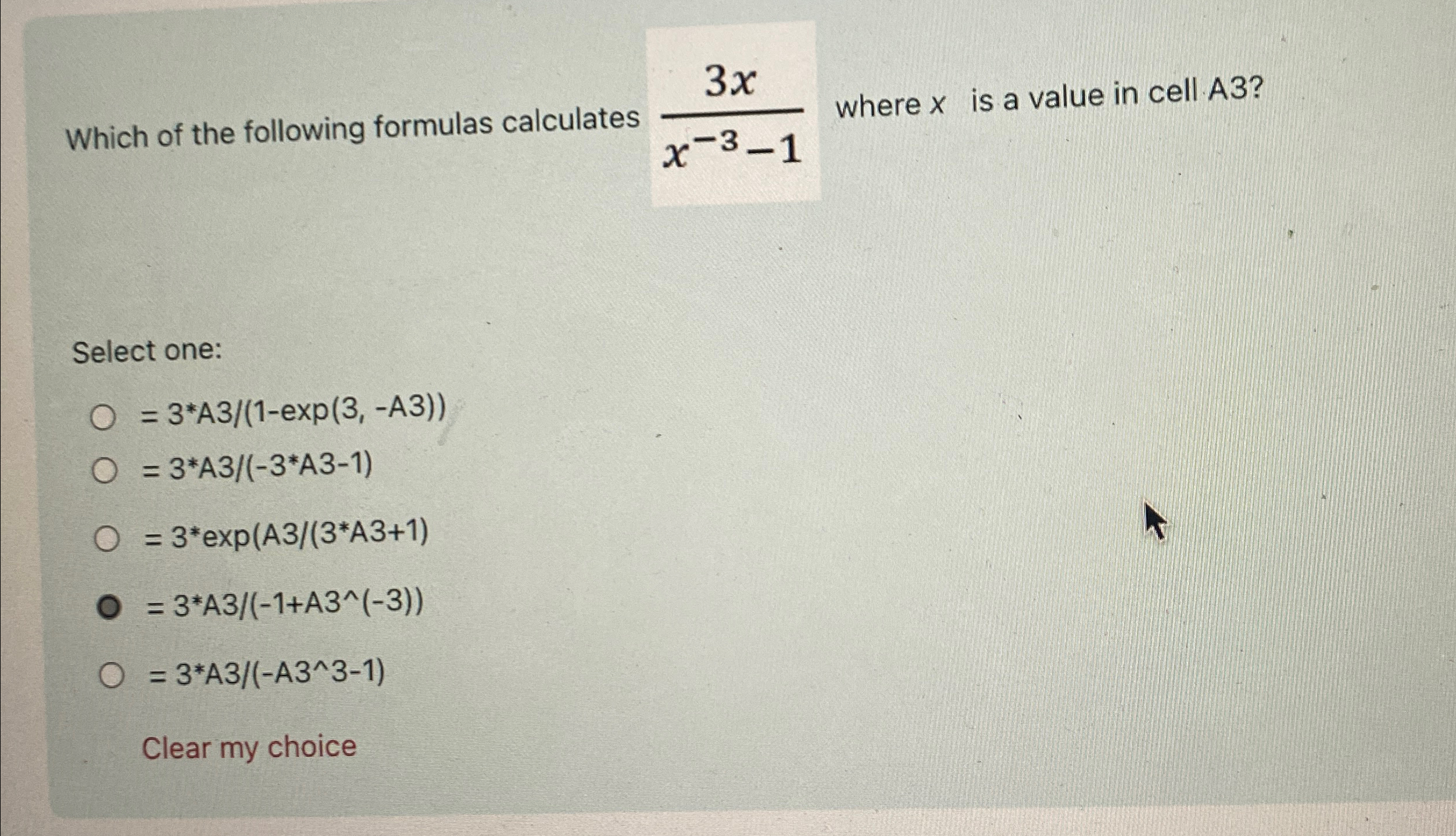 Which of the following formulas calculates 3 x x