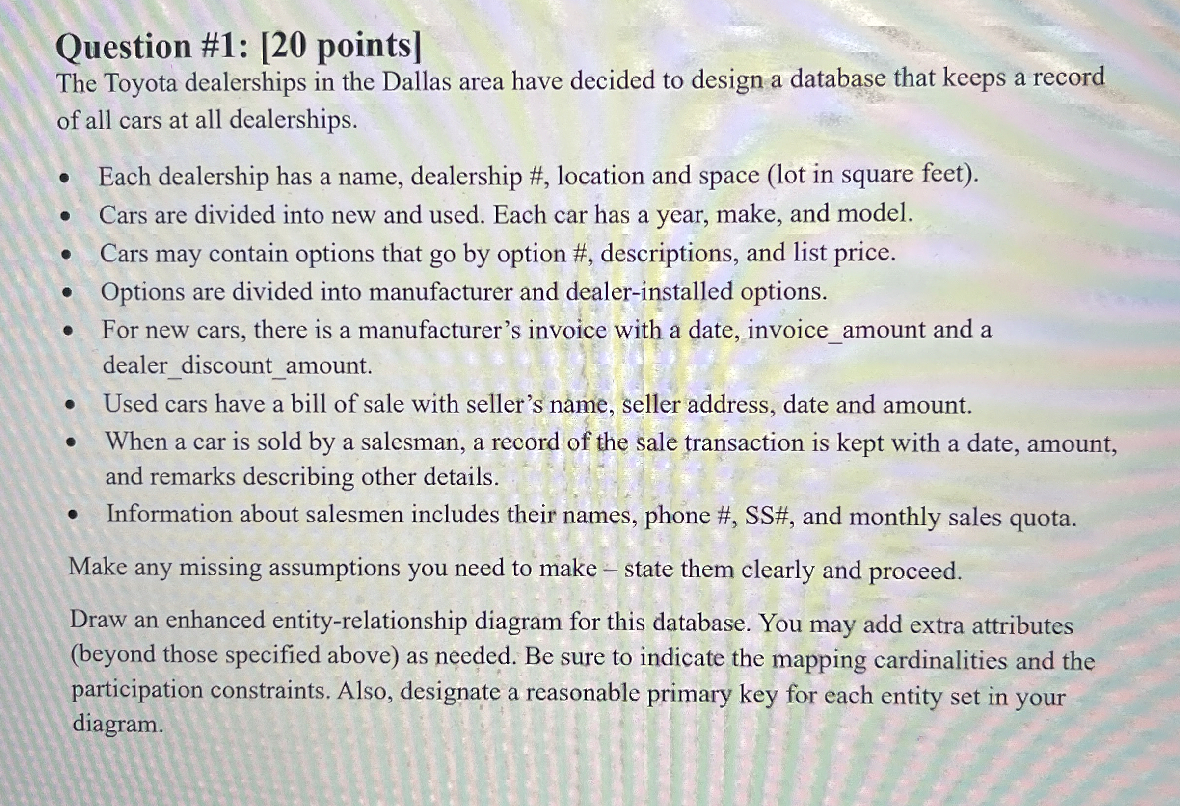 Question # 1 : [ 2 0 points ] The Toyota