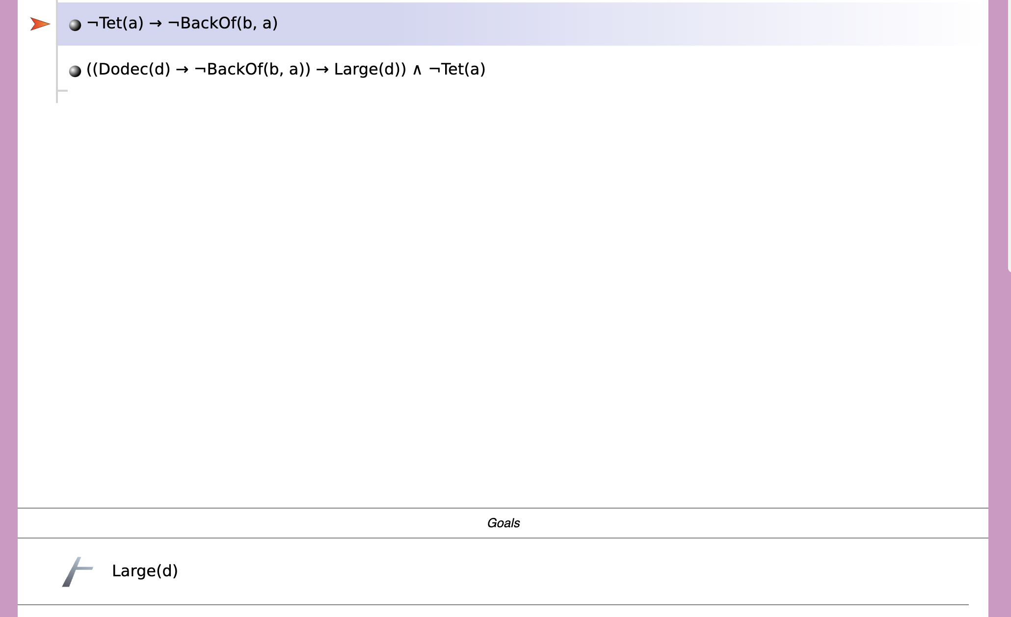 Tet ( a ) - > BackOf ( b , a ) ( ( Dodec ( d ) -