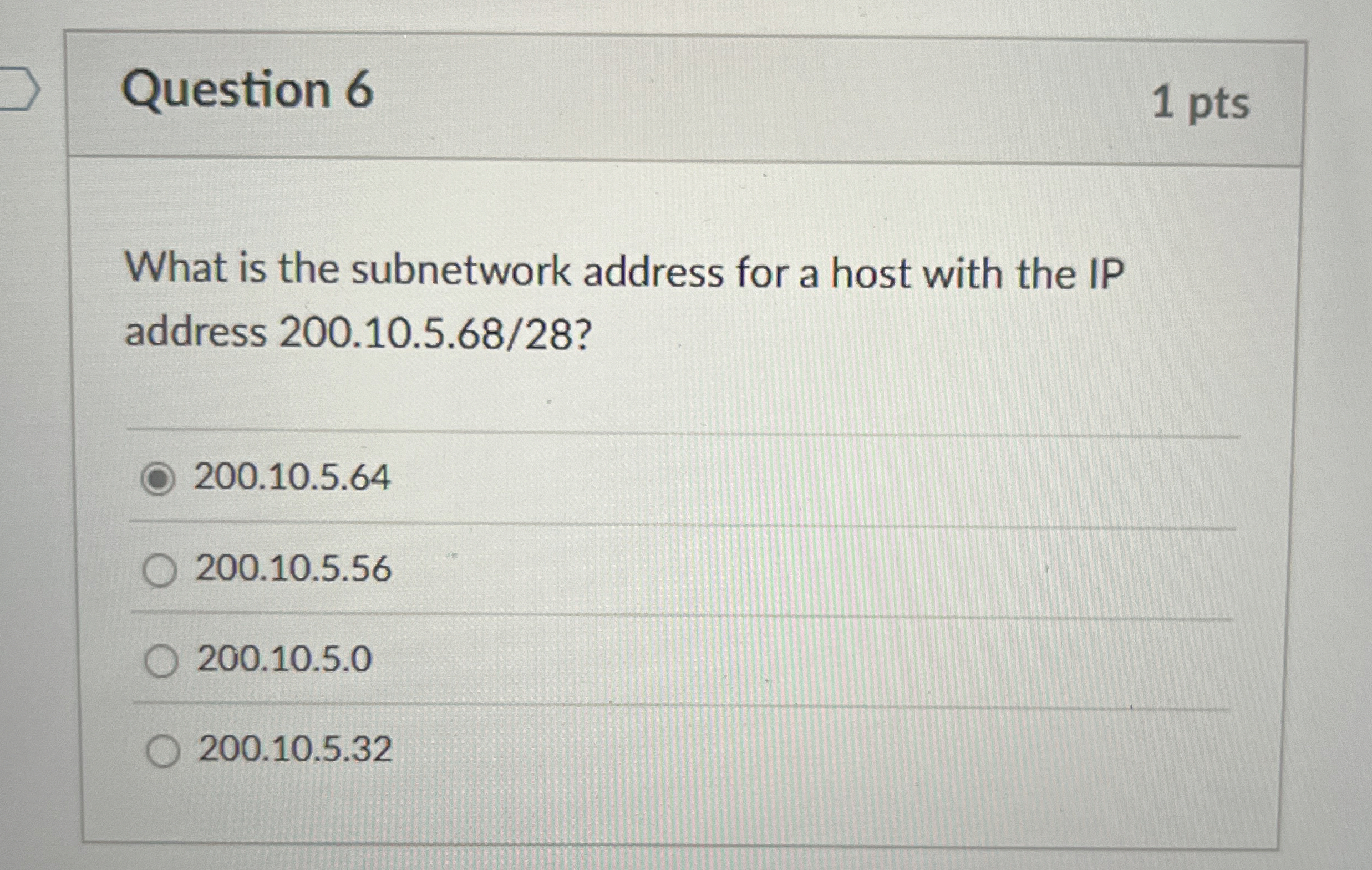 Question 6 What is the subnetwork address for a