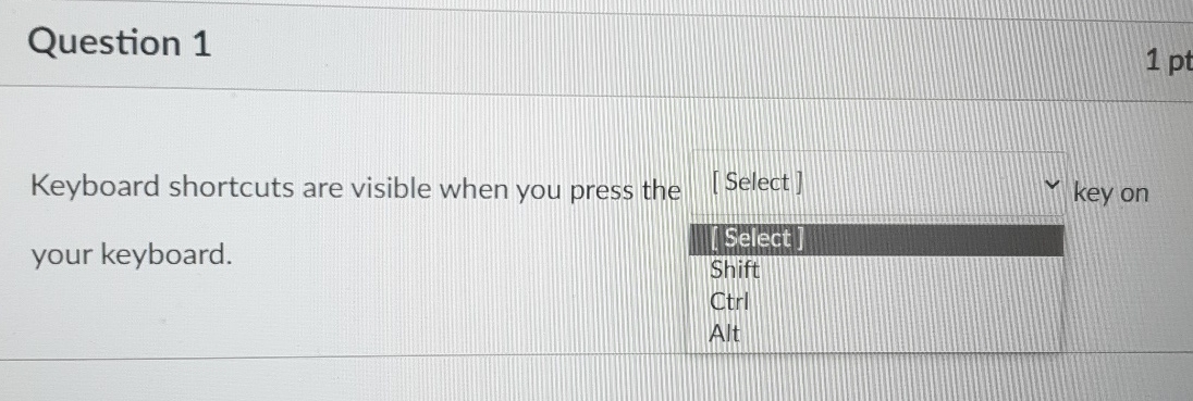 Question 1 Keyboard shortcuts are visible when