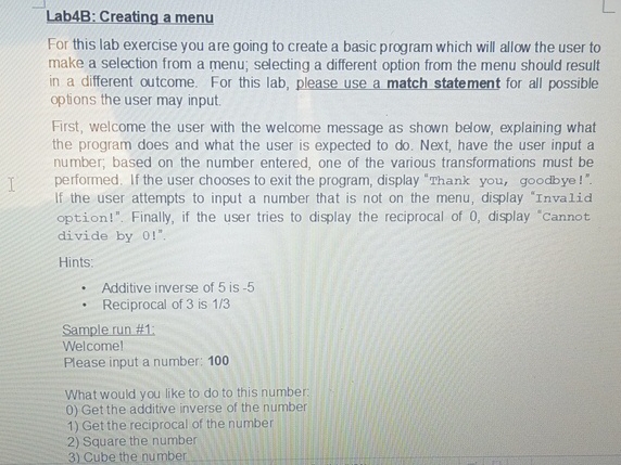 Lab 4 B: Creating a menu For this lab exercise