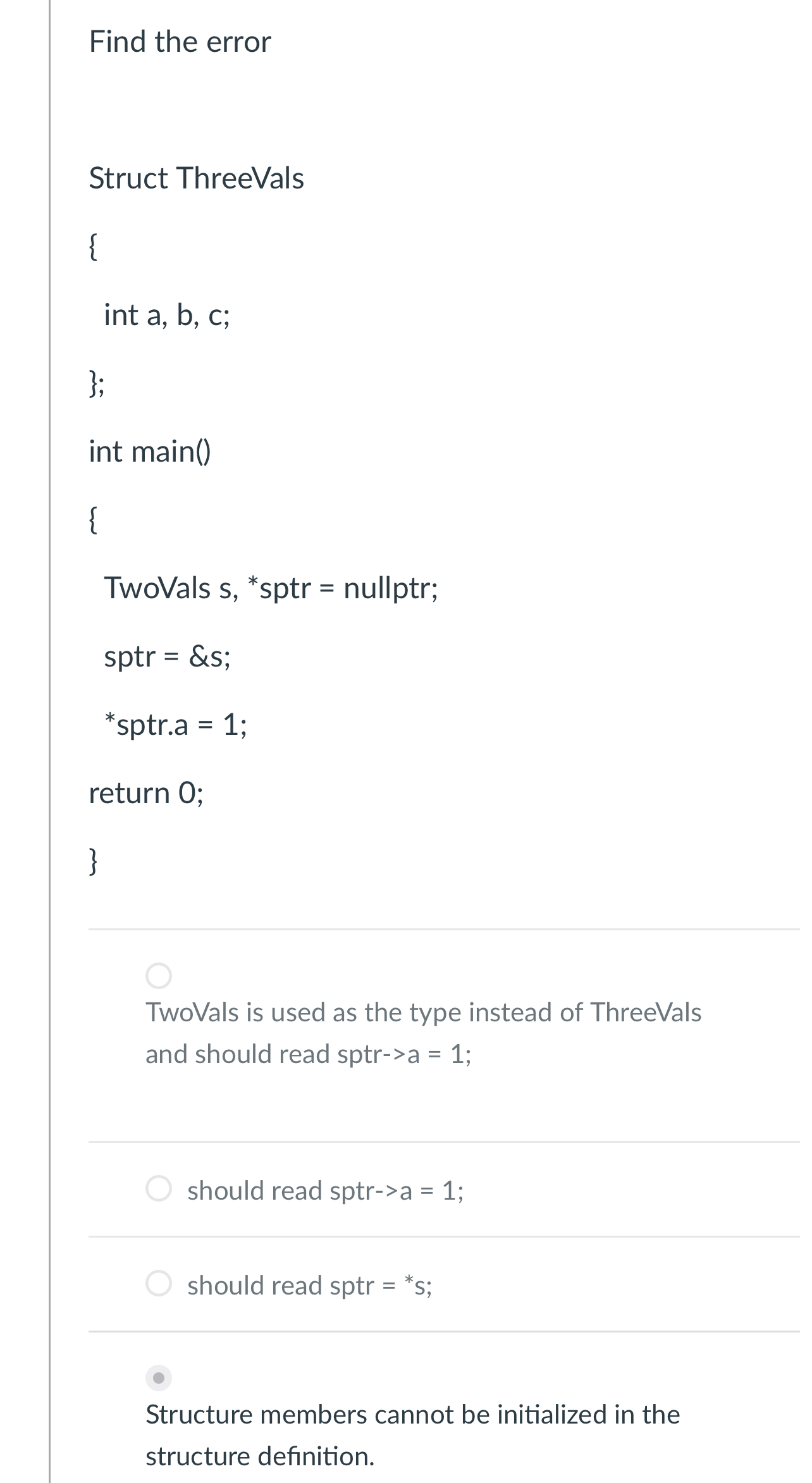 Find the error Struct ThreeValsTwoVals is used as