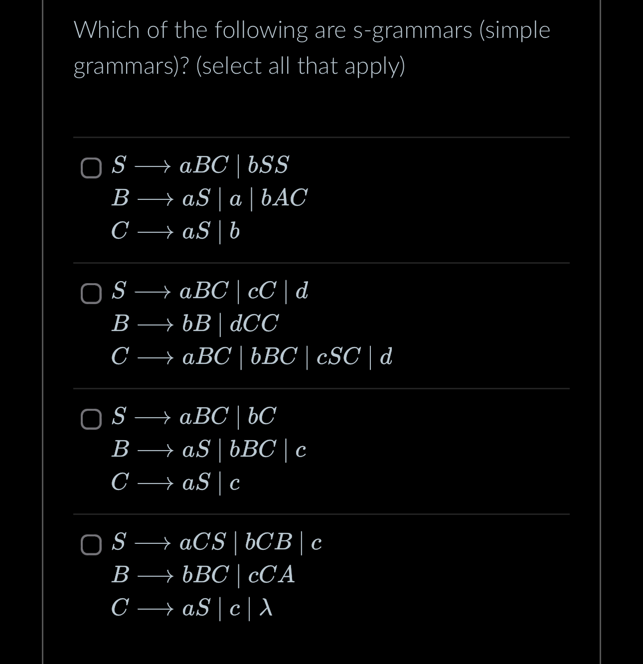 Which of the following are s - grammars ( simple
