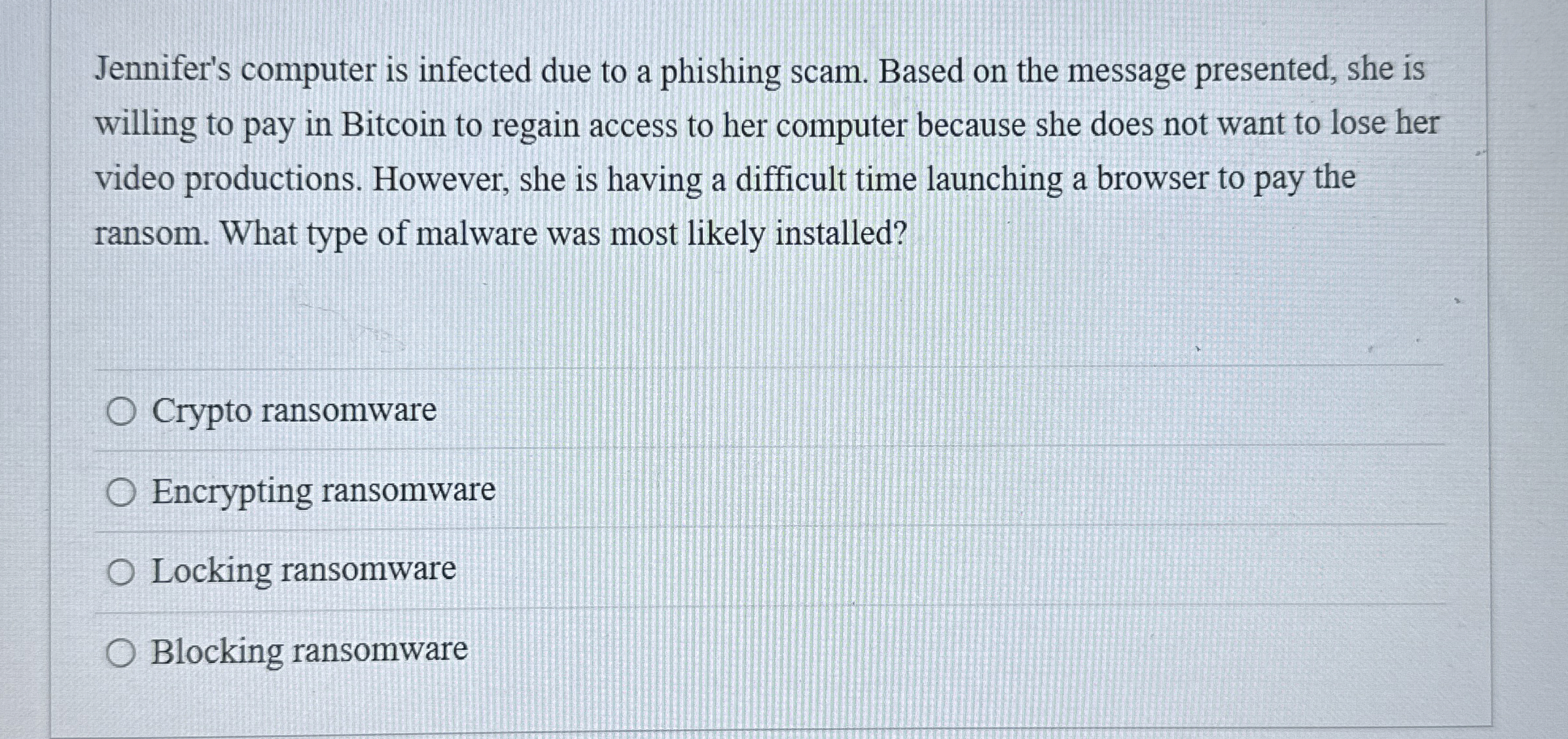 Jennifer's computer is infected due to a phishing