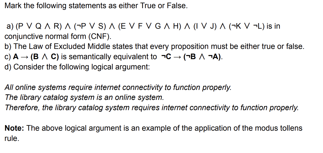 Mark the following statements as either True or