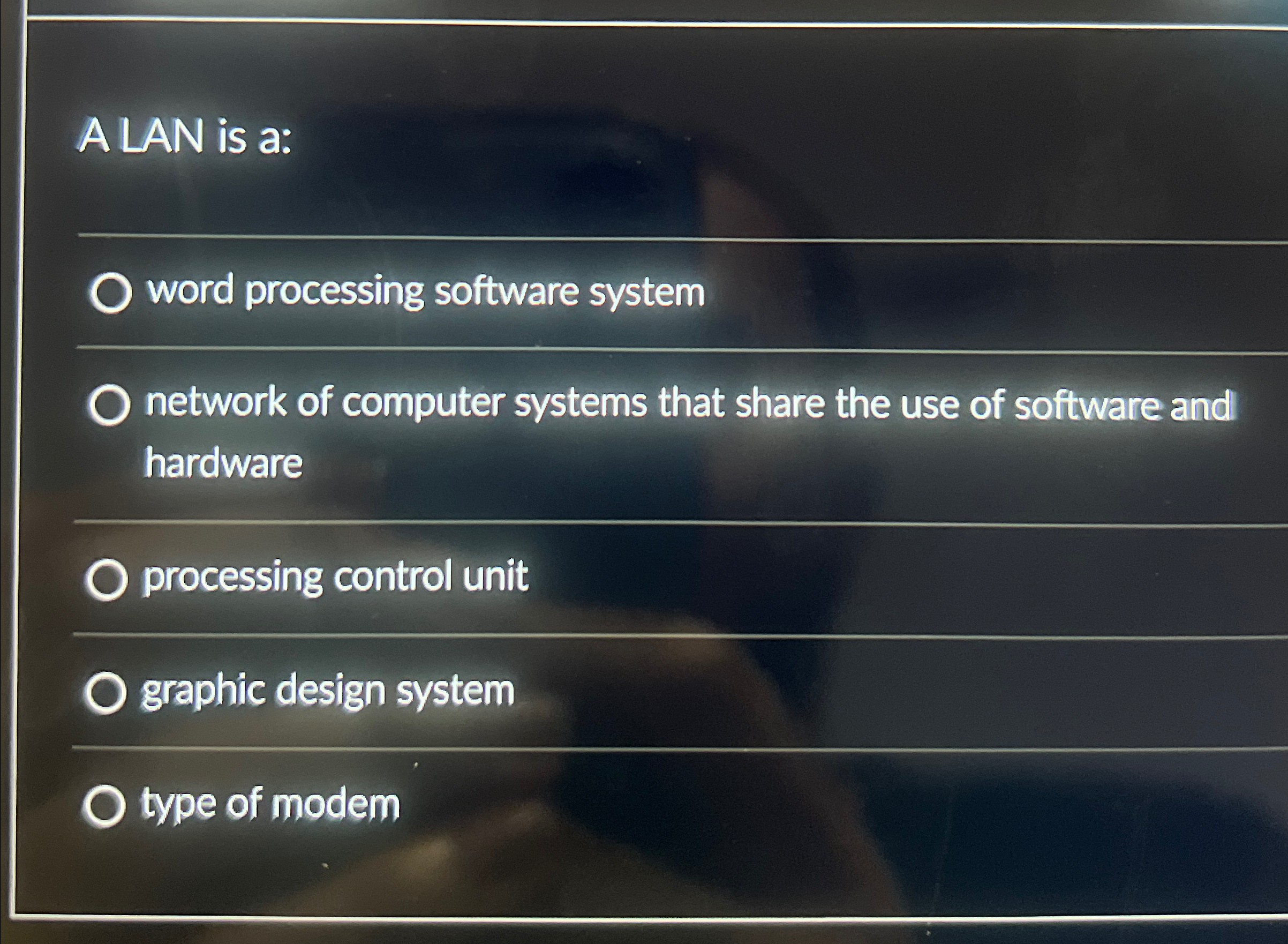 A LAN is a: word processing software system