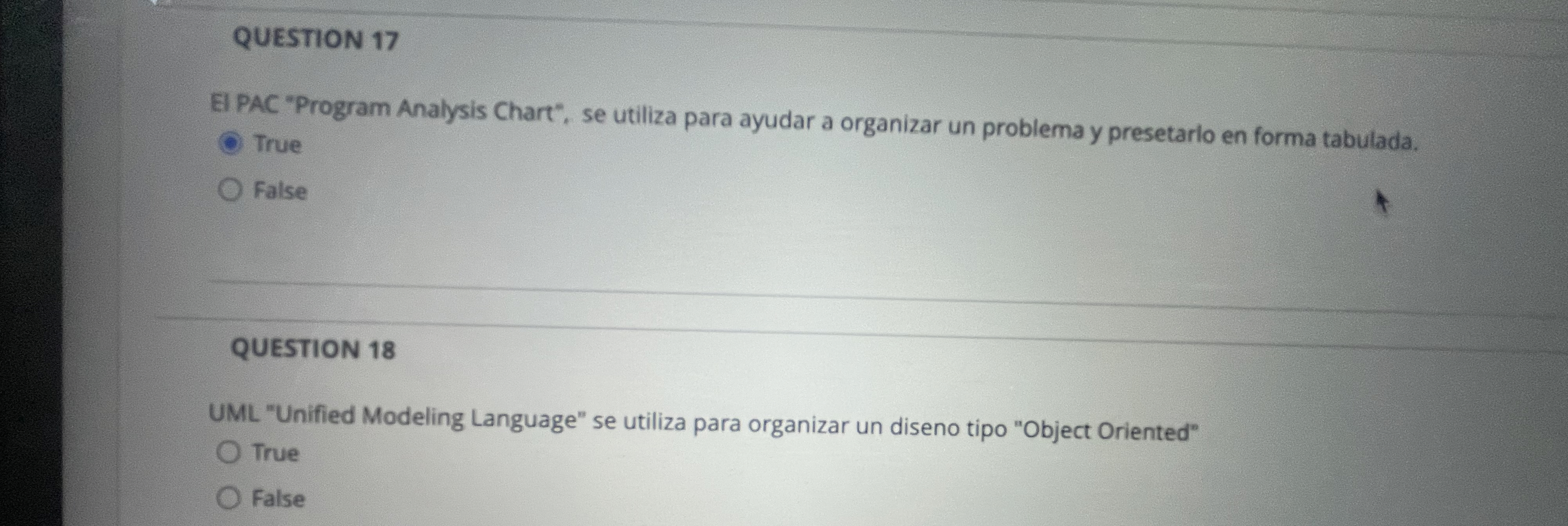 QUESTION 1 7 EI PAC "Program Analysis Chart", se
