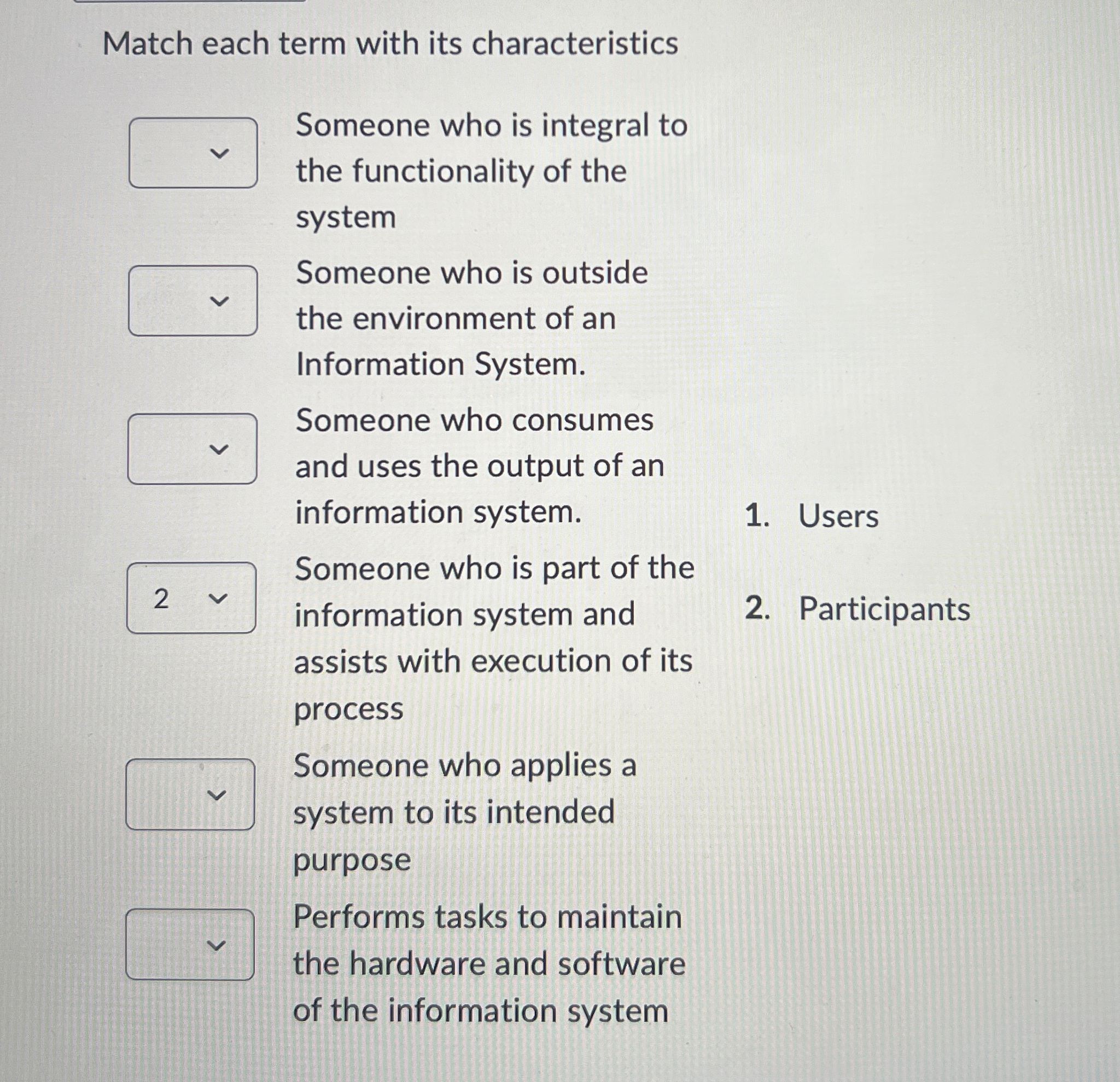 Match each term with its characteristics Someone