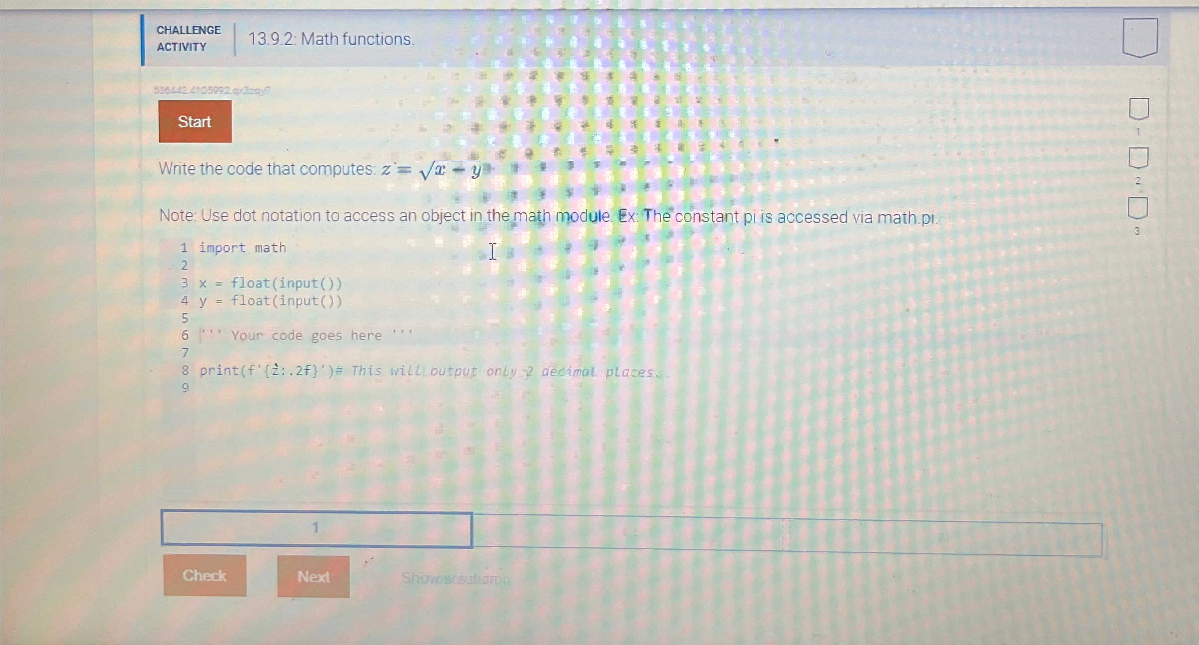 CHALLENGE ACTIVITY 1 3 . 9 . 2 : Math functions.