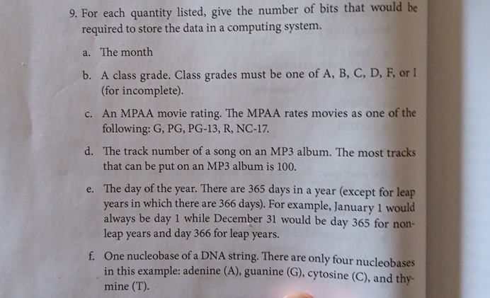 For each quantity listed, give the number of bits