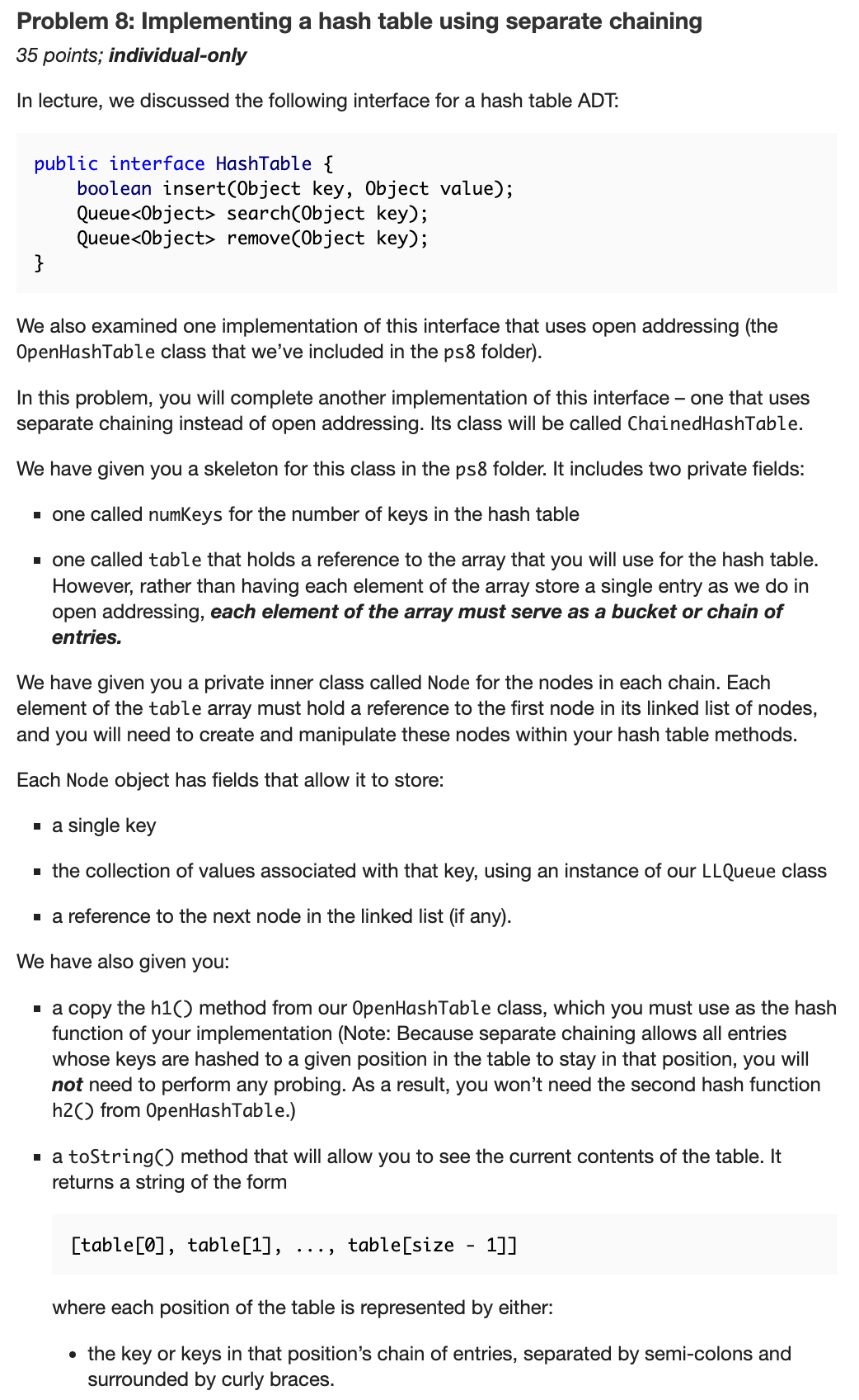 Problem 8 : Implementing a hash table using