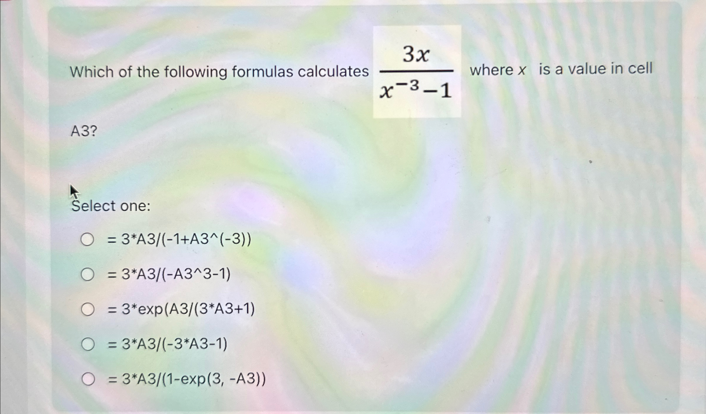 Which of the following formulas calculates 3 x x