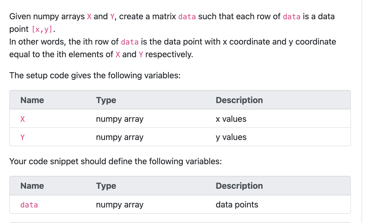 Given numpy arrays x and Y , create a matrix data