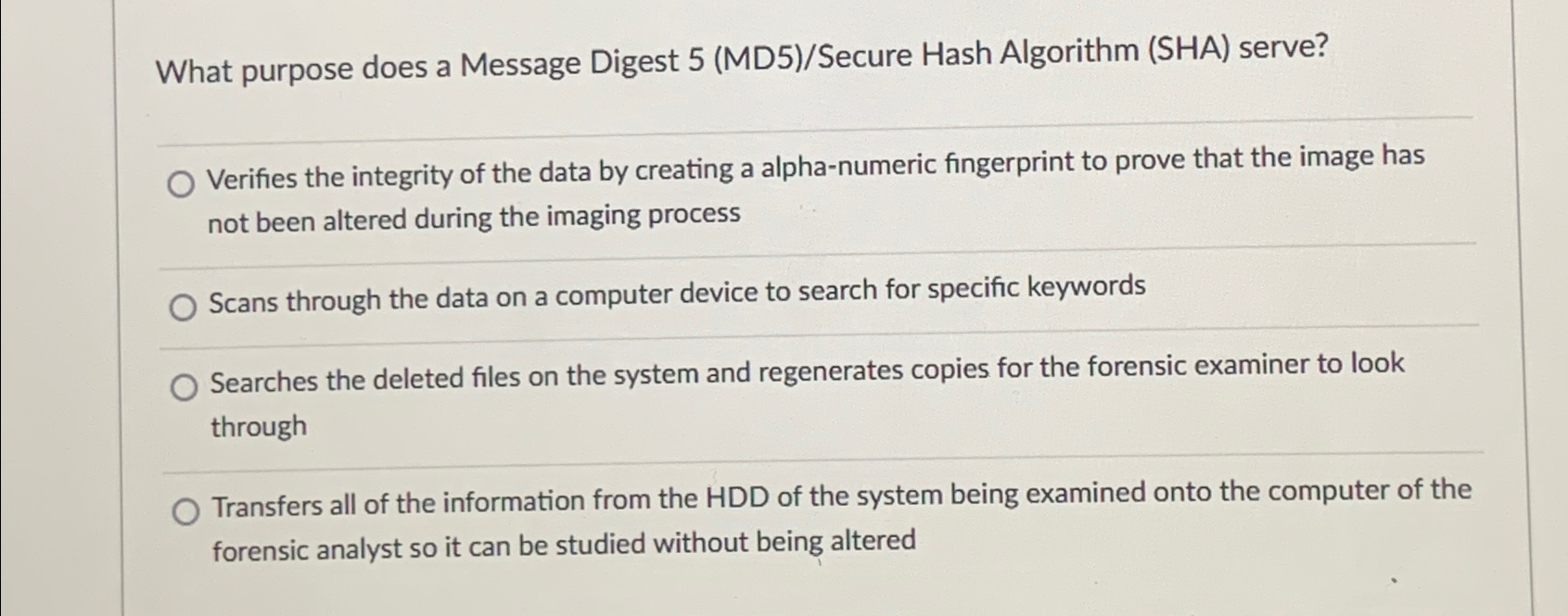 What purpose does a Message Digest 5 ( MD 5 ) /