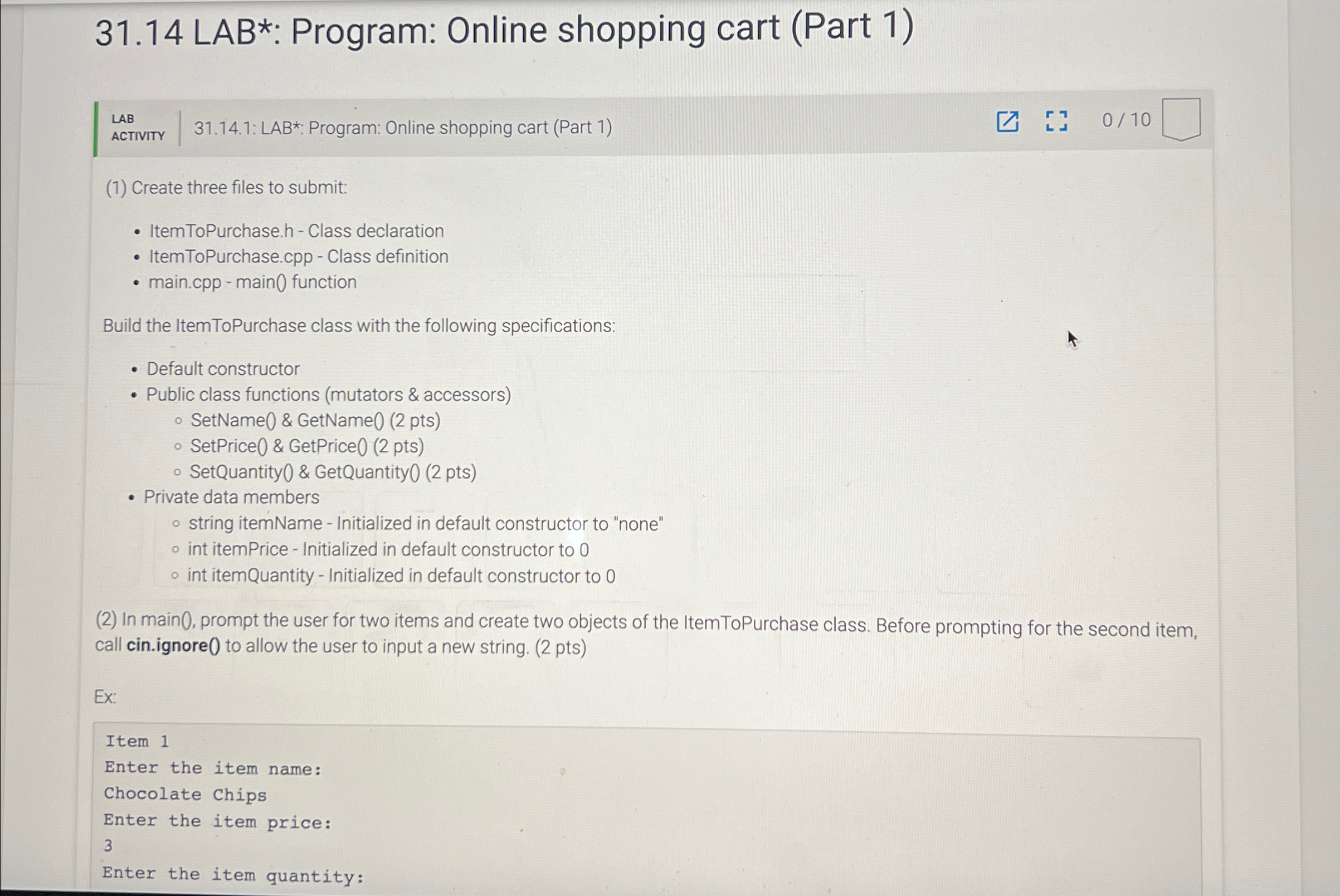 C + + 3 1 . 1 4 LAB * : Program: Online shopping