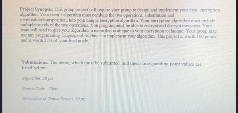 Project Synopsis: This group project will require