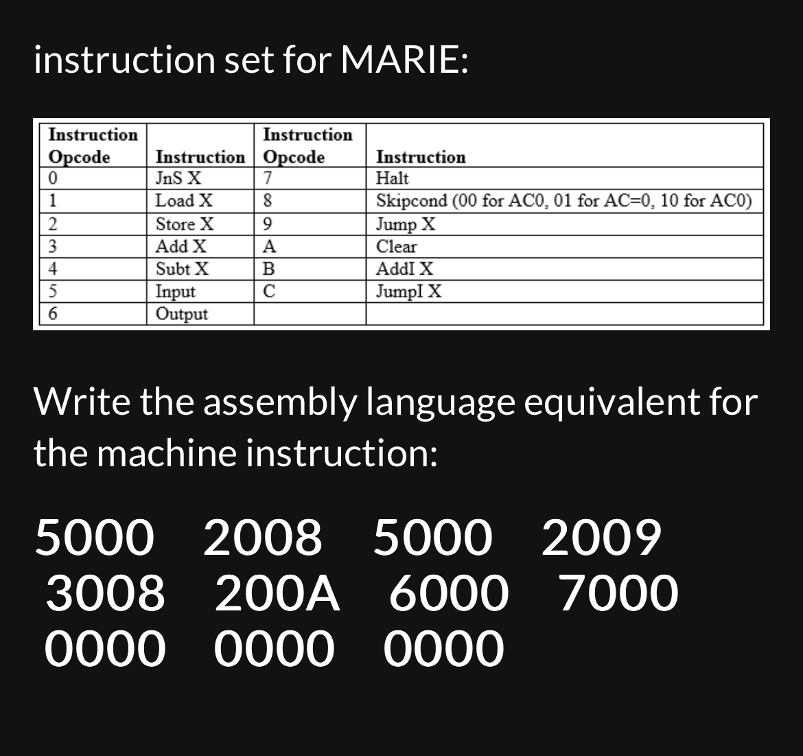 instruction set for MARIE: \ table [ [ \ table [