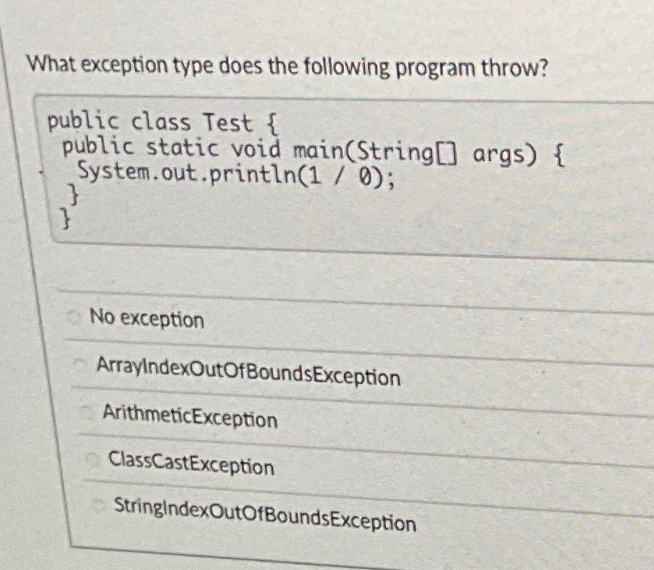 What exception type does the following program