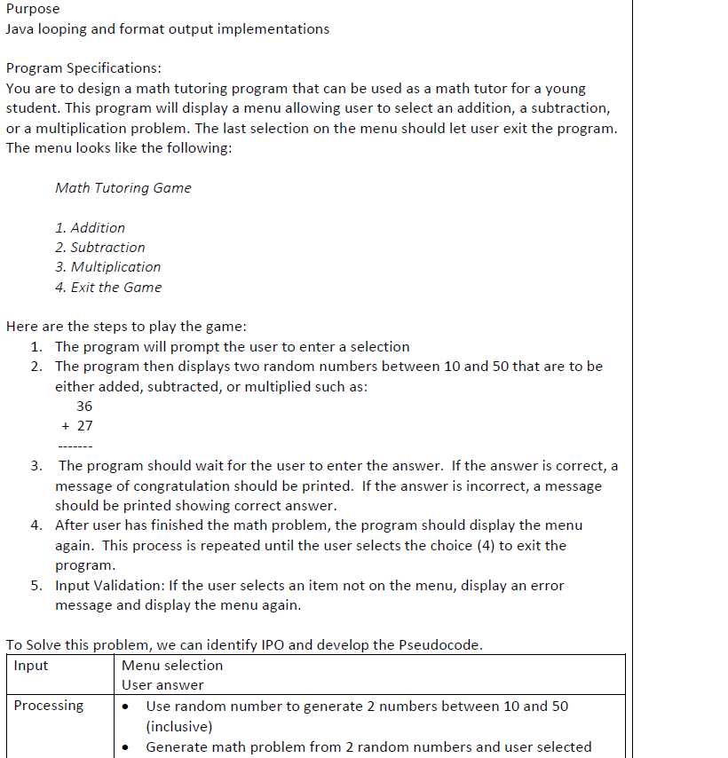 Purpose Java looping and format output