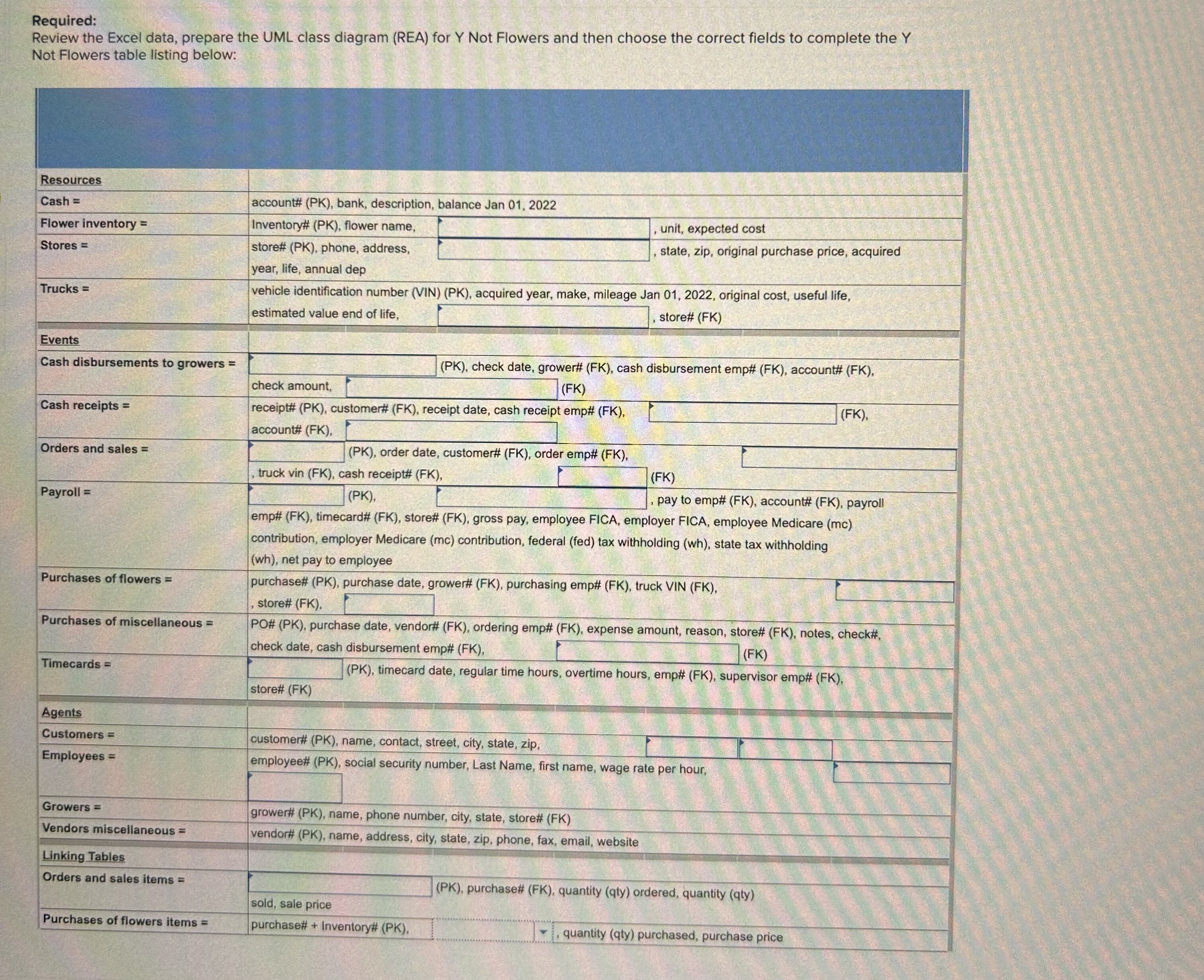 Required: Review the Excel data, prepare the UML